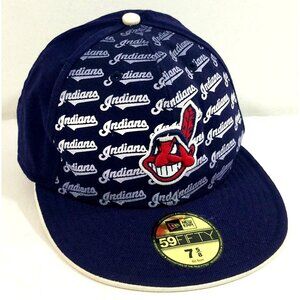 New Era 59Fifty Cleveland Indians Fitted Baseball Cap 7 5/8 Navy White MLB Hat